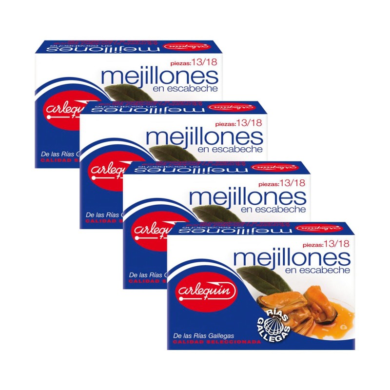 Arlequín - Mejillones en escabeche, pack de 4 latas de 120g