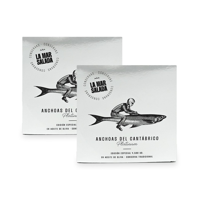 La Mar Salada - Anchoas del Cantábrico en Aceite de Oliva, Serie Platinum, pack de 2 latas de 110g La Mar Salada - Anchoas del Cantábrico en Aceite de Oliva, Serie Platinum, pack de 2 latas de 110g