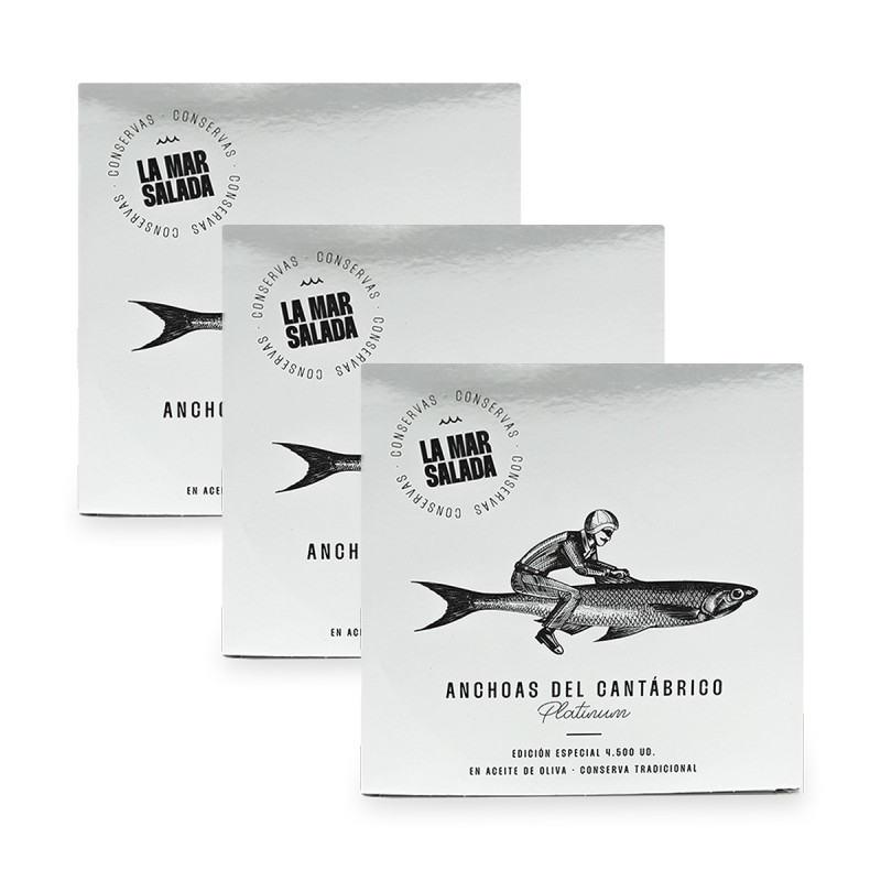 La Mar Salada - Anchoas del Cantábrico en Aceite de Oliva, Serie Platinum, pack de 3 latas de 110g La Mar Salada - Anchoas del Cantábrico en Aceite de Oliva, Serie Platinum, pack de 3 latas de 110g
