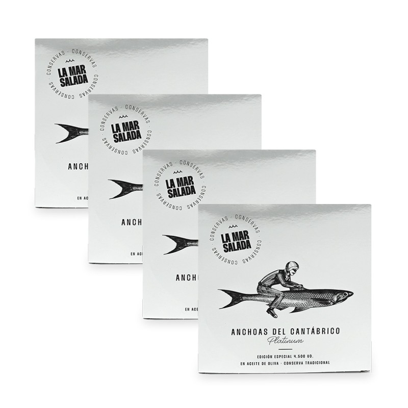 La Mar Salada - Anchoas del Cantábrico en Aceite de Oliva, Serie Platinum, pack de 4 latas de 110g La Mar Salada - Anchoas del Cantábrico en Aceite de Oliva, Serie Platinum, pack de 4 latas de 110g