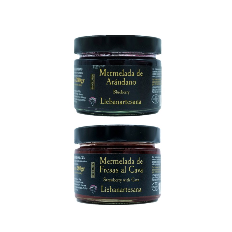 Liebanartesana - Mermelada de arándano + mermelada de fresas al cava, pack de 2 tarros de 280g