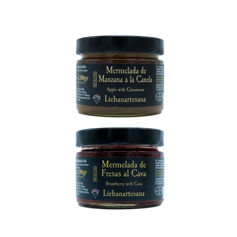Liebanartesana - Mermelada de manzana a la canela + mermelada de fresas al cava, pack de 2 tarros de 280g