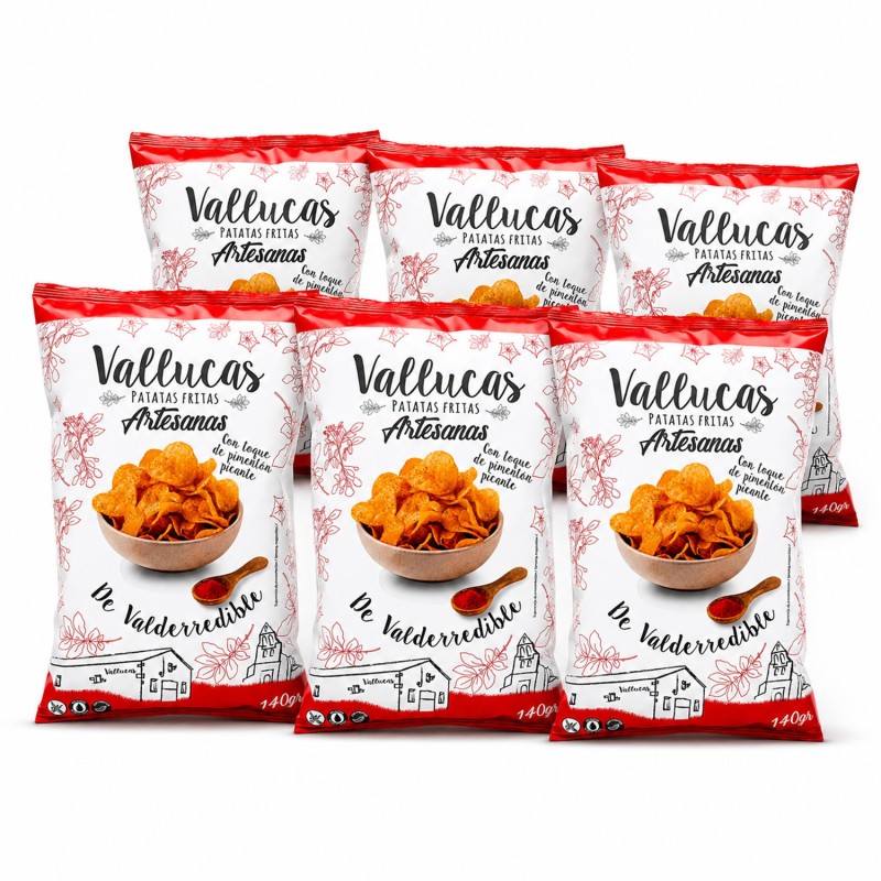 Vallucas - patatas fritas con toque de pimentón picante, pack de bolsas de 140g Vallucas - patatas fritas con toque de pimentón picante, pack de bolsas de 140g